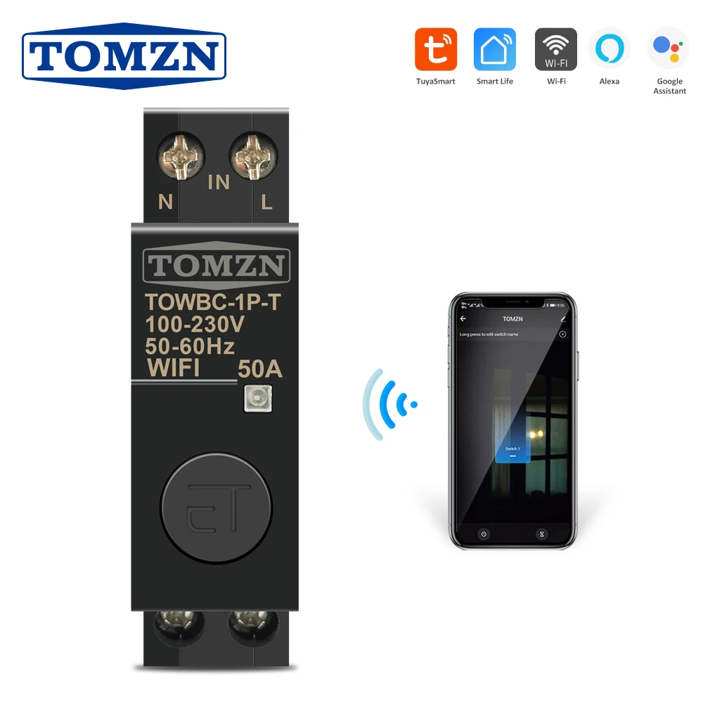

Din Rail WIFI Circuit Breaker Smart Switch Remote Control by Smart Life TUYA for Smart Home 18mm 32A 50A TOMZN Mini TOWBC-1P-T