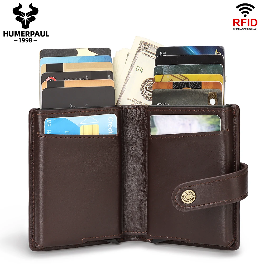 

2022 Credit Card Holder Wallet Bussiness Men Metal RFID Vintage Aluminium Pop up Money Bag Genuine Leather Bank Cardholder Case
