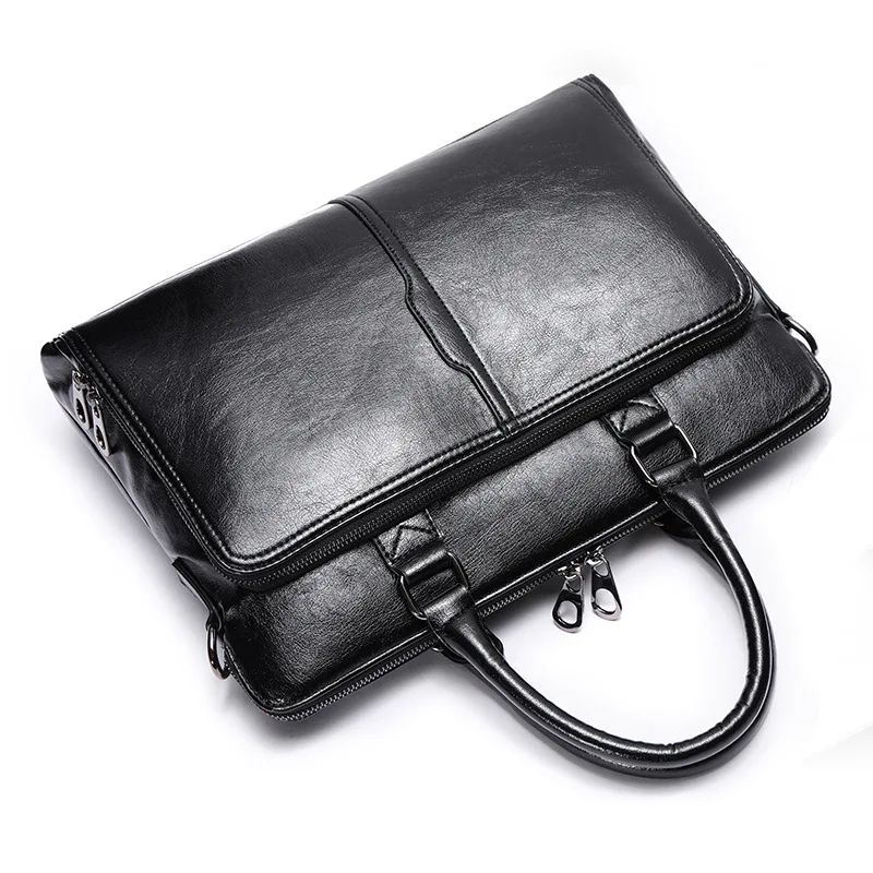 

New Double Layer Design Men's Briefcase Soft High-grade PU leather Male Business Bag 13" Laptop Bag Shoulder Messenger Bag