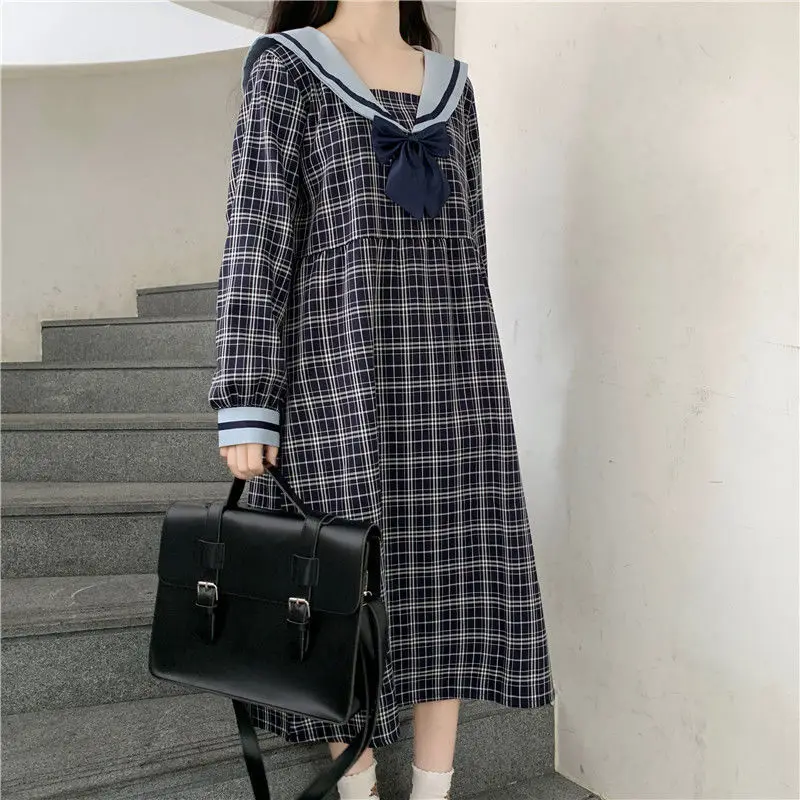 

MAGOGO College Style Japanese New Sweet Plaid Bow Tie Navy Collar Dress Female Student Loose Dress