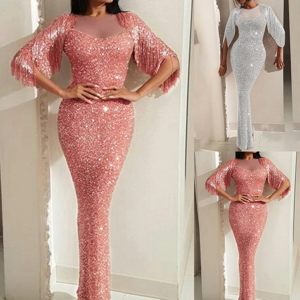 Sexy Shiny Party Dress Attractive Women Evening Sequin Patchwork Long Tassels Dresses Push Up Vestidos Slim Fit Formal | Женская одежда