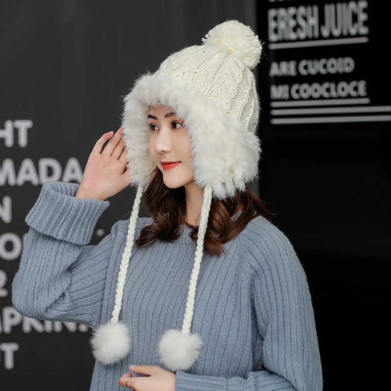 Простые шапки-ушанки женская вязаная шапка из натурального кроличьего меха с