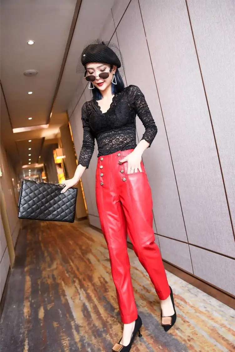 YR!Free shipping.2021 brand new Women High waist pencil pants.100% genuine leather pants.slim casual sheepskin trousers