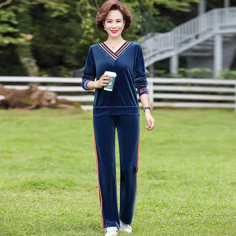 Mid Age Women's Tracksuit Spring Autumn Sports Pants Suit For Female 2021 Fashion Casual Mother Sportswear Clothing W70088