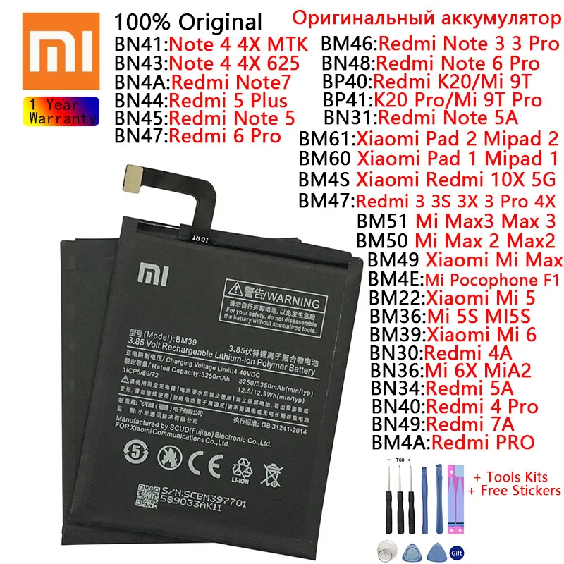 

Original Battery For Xiaomi Redmi Note 3 4 4X 5 5A 6 Pro 7 3S 3X 4A 5A 5 Plus 7A 10X K20 Pro Mi 5 5S 6 6X MiA2 8 Lite 9T Pro