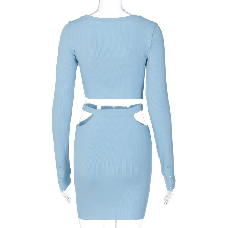 

2021 New Sexy Female Streetwear Knitted Nine-point Blouse Long Sleeve O-neck Blue Hollow Tight Two-piece Suit Autumn