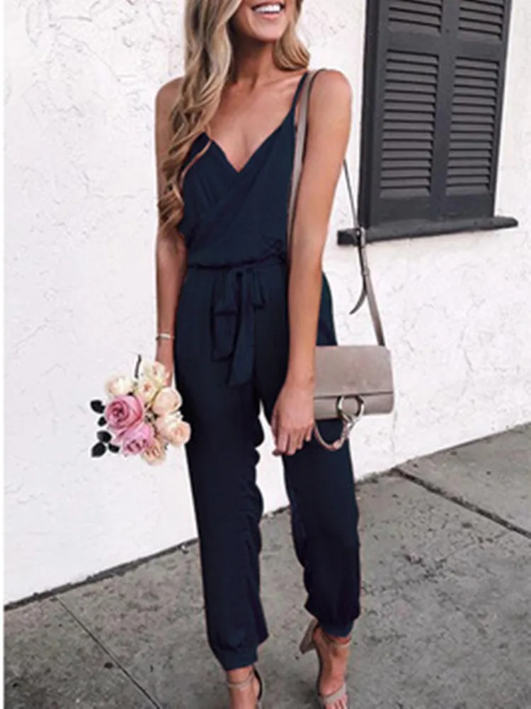 

Summer Women Solid Color Suspender Belt Jumpsuit Casual Sleeveless Ladies Bodysuit Wide Leg Loose Long Pants Trousers Rompers