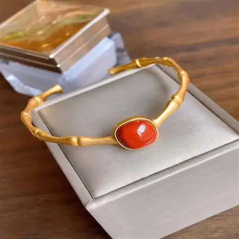 

Silver Bracelet for Women Sterling Silver Gold-Plated Open Original Design Bamboo Ancient Handmade Chinese Style South Red Brace