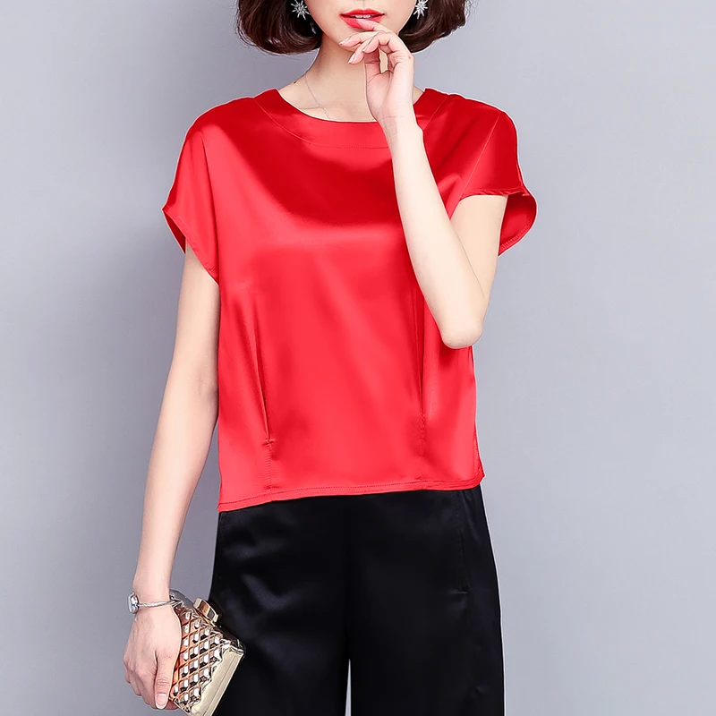 

Imitation Silk Shirts Female 2021 New Women's Short Sleeve T-shirt Large Size M-4XL Slim Elegant Tops Blouse Women's Summer Tops