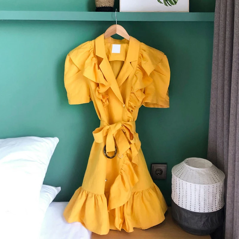 

Elegant Women Ruffles Mini dress 2020 New arrival Double breasted Female V-neck Dresses With belt Party Club Dress INKEO 9D272