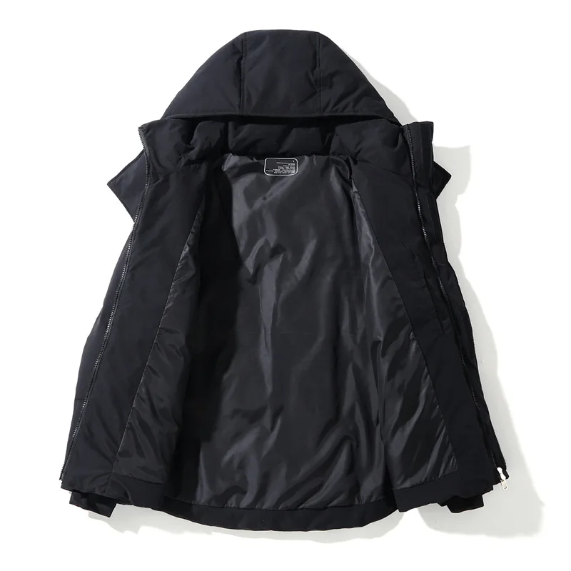 Мужской пуховик с капюшоном черный повседневный на белом утином пуху теплый зима