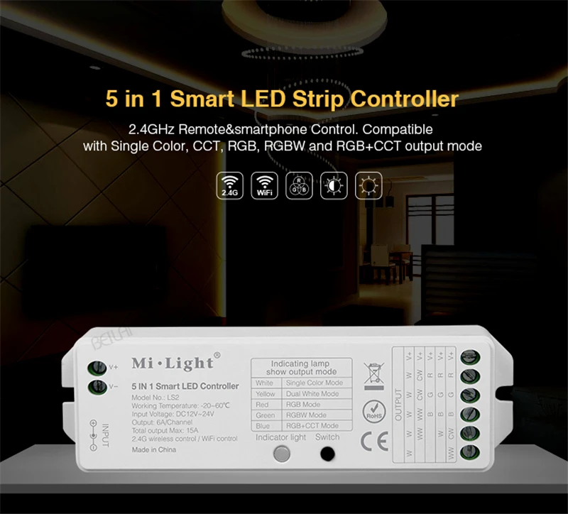 Mi Light RGB + CCT Smart P 5 In 1 LED Controller DC12-24V 2.4G wireless control for Single Color RGBW Strip | Лампы и освещение