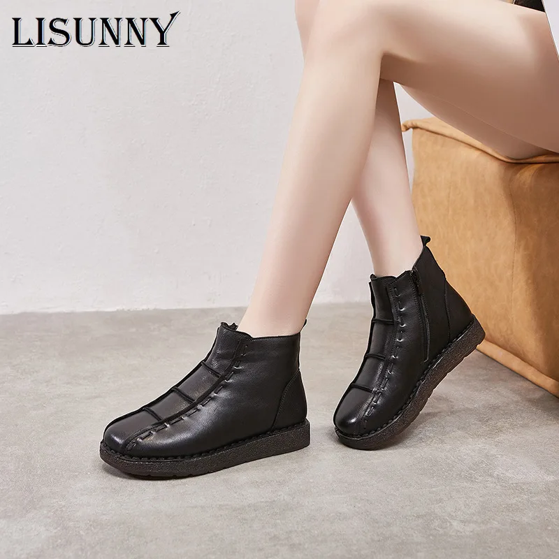 

Модная зимняя женская обувь LISUNNY 2021, женские ботильоны из натуральной кожи на плоской подошве, женские водонепроницаемые теплые ботинки на ...
