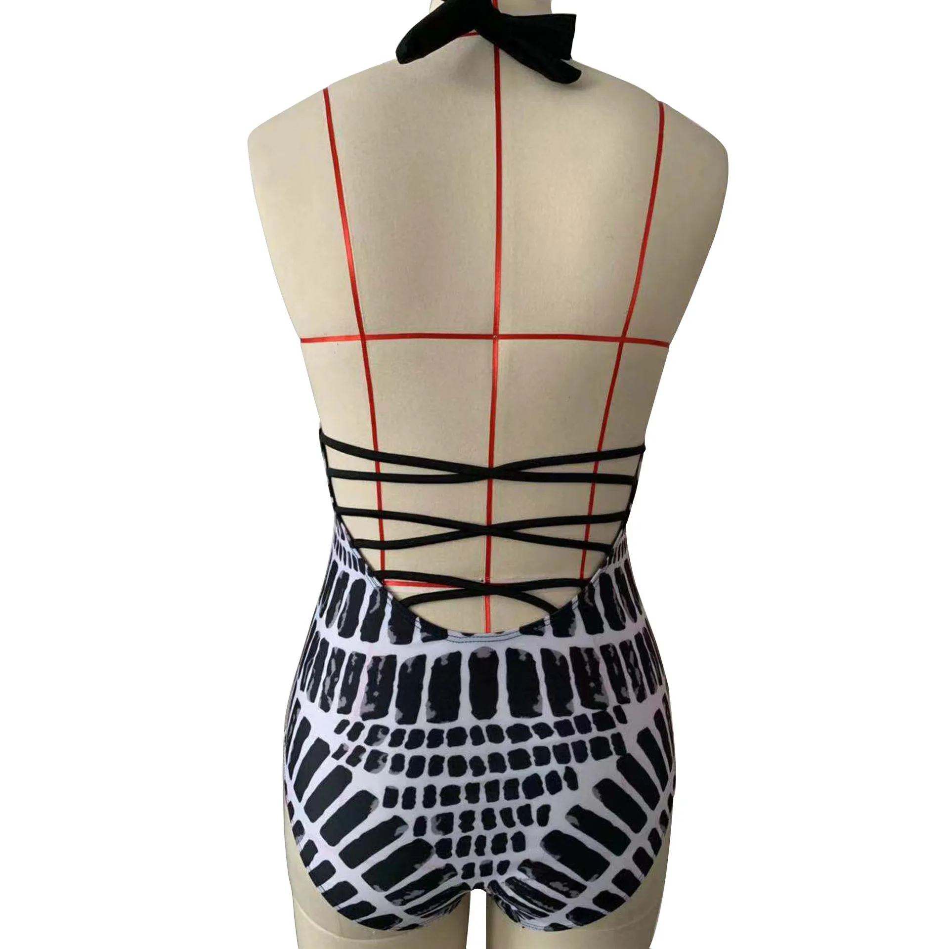 

Women's sexy jumpsuit rib print swimsuit back tethered bikini swimwear