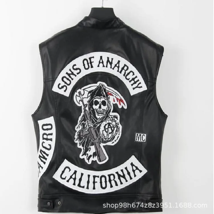 2019 new fashion sons of anarchy embroidery leather rock punk vest cosplay costume black color motorcycle sleeveless jacket free global shipping