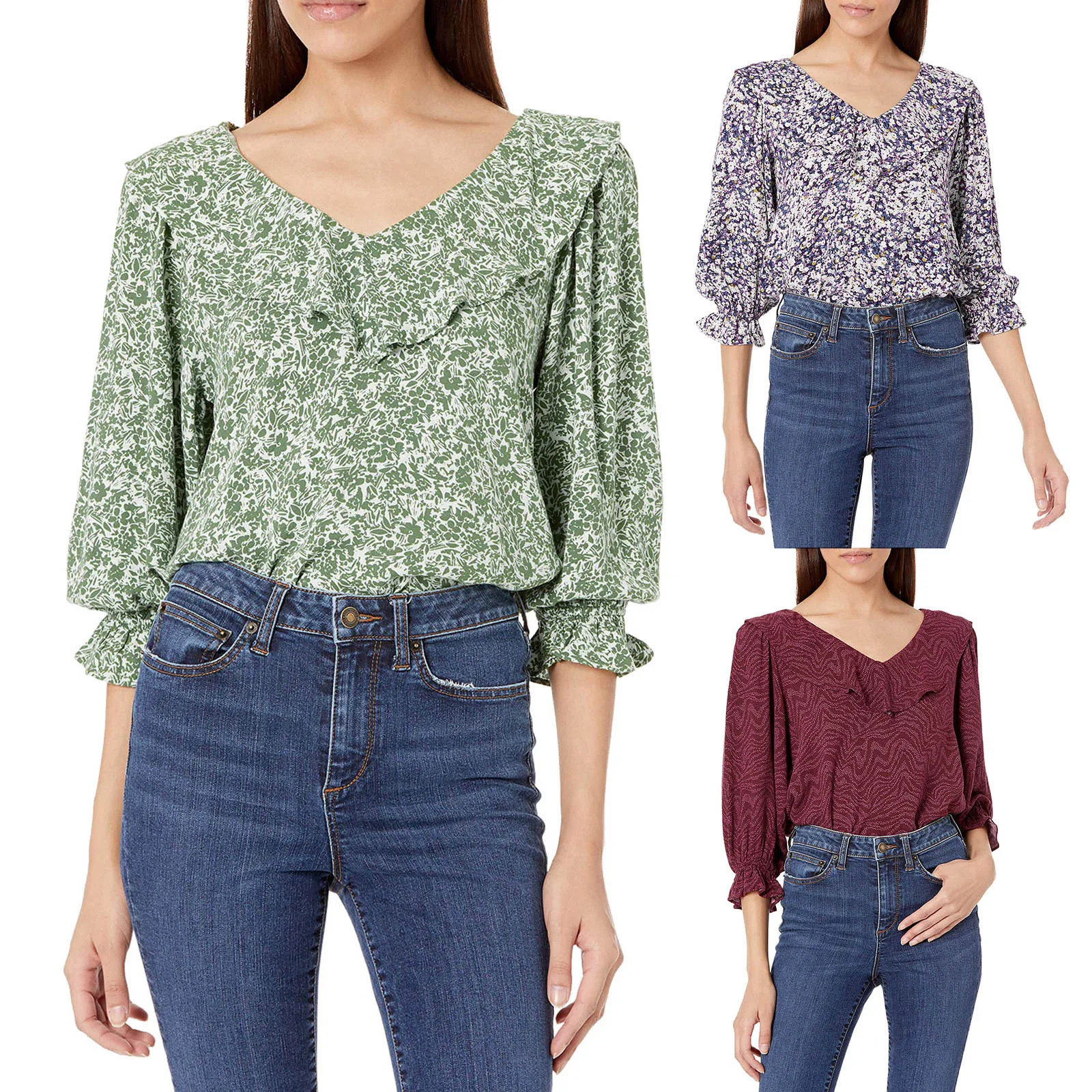 

Женская рубашка с рукавами-бабочками, v-образным вырезом и оборками, модная повседневная футболка с цветочным принтом