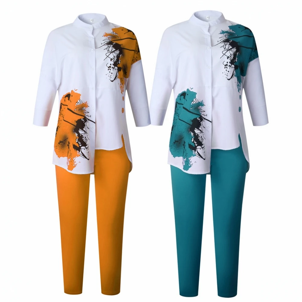 

2 Piece Sets African Sets For Women New African Print Elastic Bazin Baggy Pants Rock Style Dashiki Sleeve Famous Suit For Lady