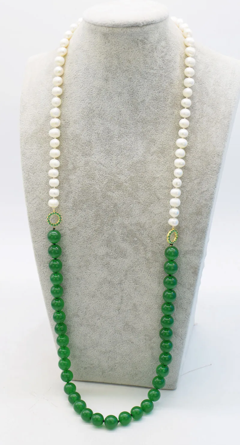 

freshwater pearl near round 8-9mm and green/red jade 12mm necklace nature FPPJ wholesale beads 32inch
