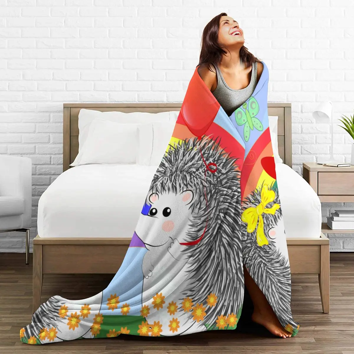 

Soft Warm Flannel Blanket Two Lovers Cute Hedgehogs Near Rainbow Travel Portable Winter Throw Thin Bed Sofa Blanket