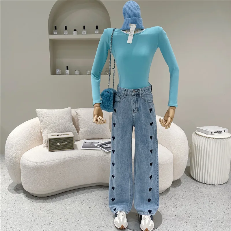 

Women's Spring 2021 Fashion Sagging straight pants loose High Waist Wide Leg Pants Design Love embroidered jeans