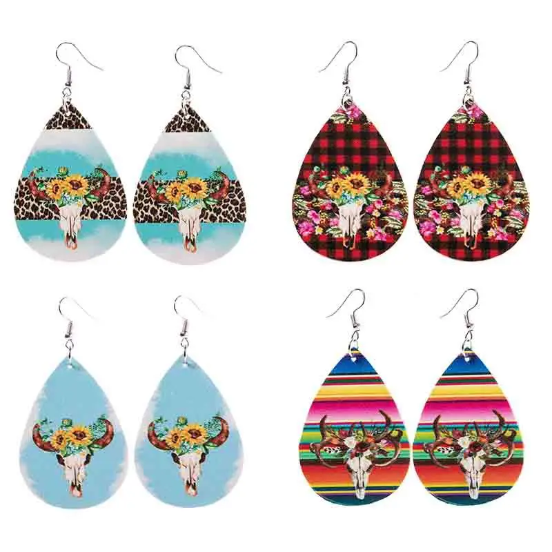 

Serape Red Buffalo Plaid Leather Sunflower Earrings Western Cowboys Leopard Printed Bull Stud Earrings