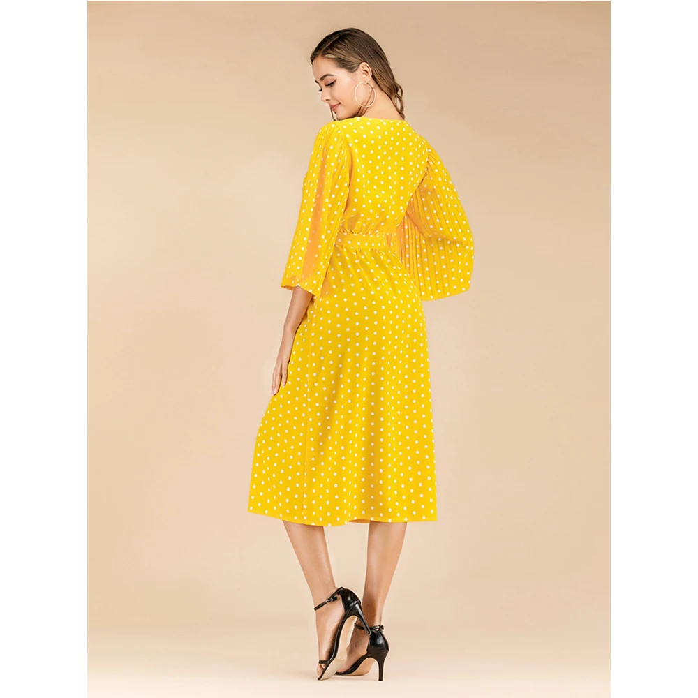 Женское винтажное длинное платье в горошек желтое элегантное облегающее