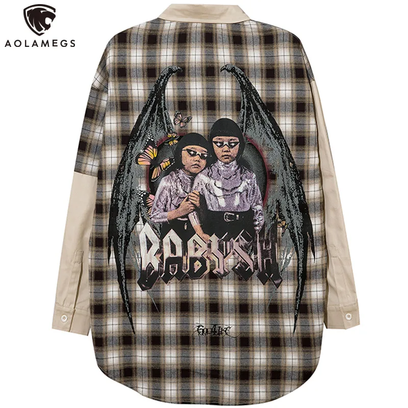 

Aolamegs Shirt Men Plaid Patch Fluorescence Letter Funny Printed Shirt Autumn Winter Japanese Retro Full Sleeve Shirt Streetwear
