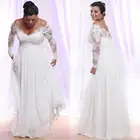 Кружевные свадебные платья с длинными рукавами, с V-образным вырезом, на молнии, с открытой спиной, недорогое шифоновое платье невесты, размера плюс