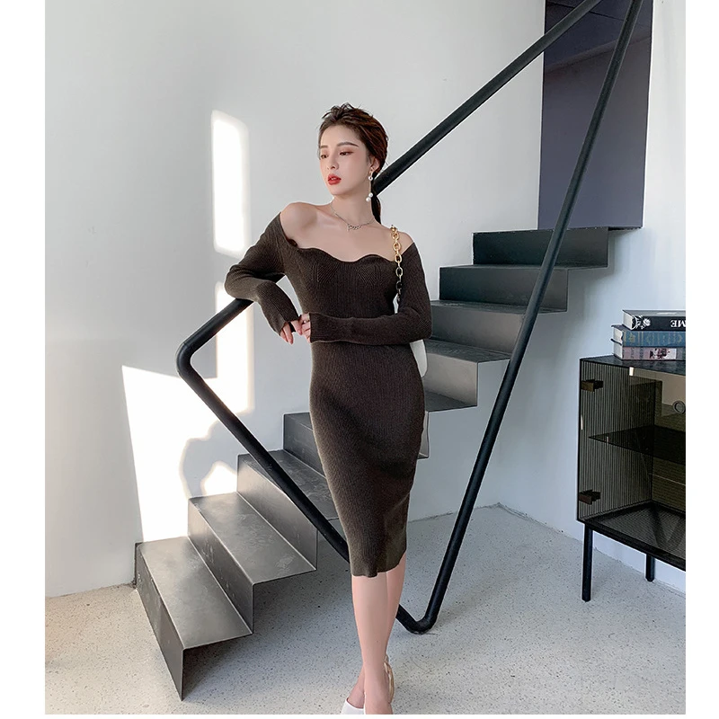 

Women Long Sleeve Dress Casual Sexy Off Shoulder Dress Elegant Party Slim Dress