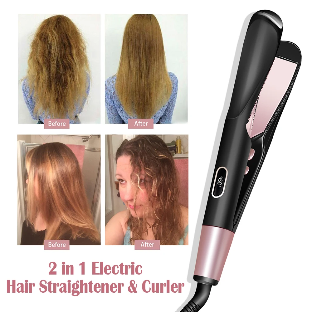 

Professional Hair Straightener Steam 2-In-1 Straight Curler Tourmaline Ceramic Heating Plate Curling Iron For The Hair