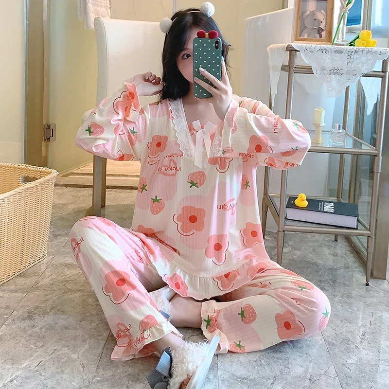 Long Sleeve Pajamas Autumn Trousers Suit Printing Cartoon Animal Fashion Pyjama Set Large Size Nightwear Home Service
