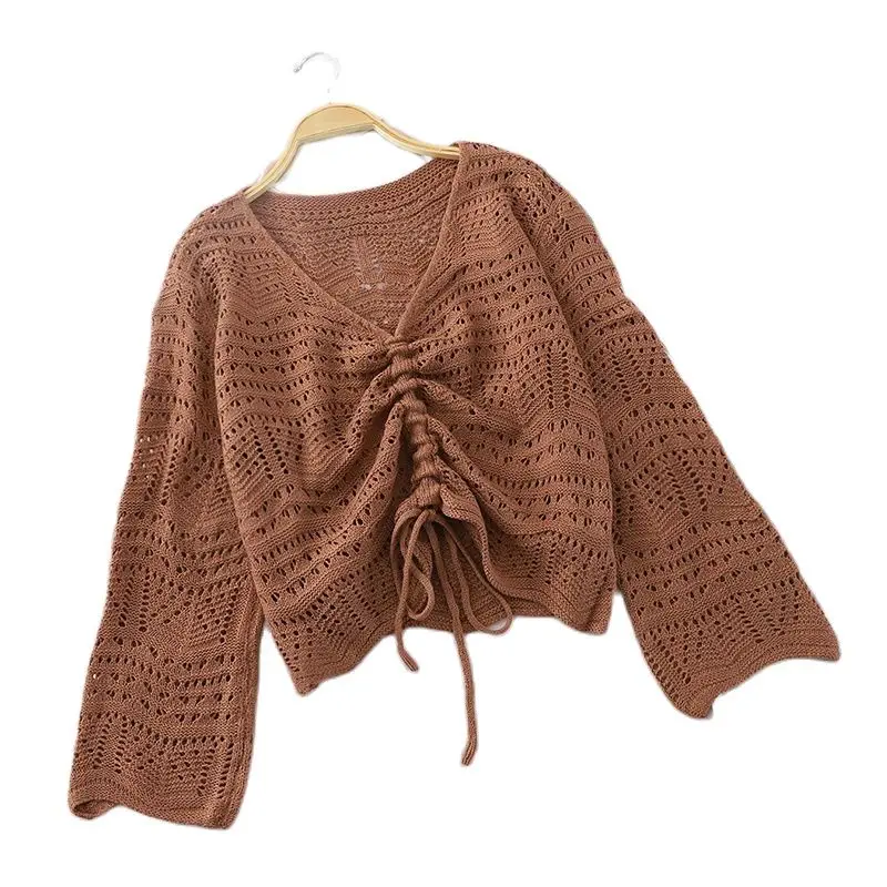 HELIAR Women 2020 Autumn Hollow Out Sweater V-Neck Drawstring Rope Design Long Sleeve Knitted Pullovers Loose For women | Женская одежда