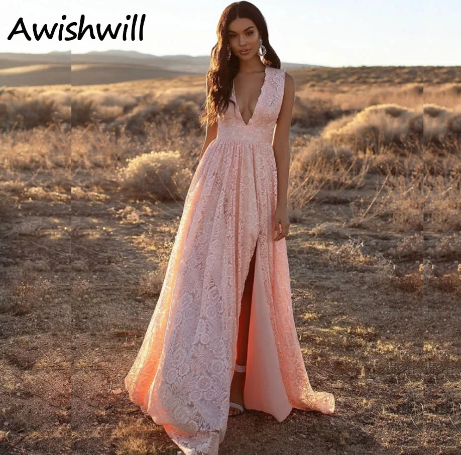 

Fashion Pink Princess V-Neck Lace Appliques Long Skirts Luxury 2021 Sexy Hot Sale
