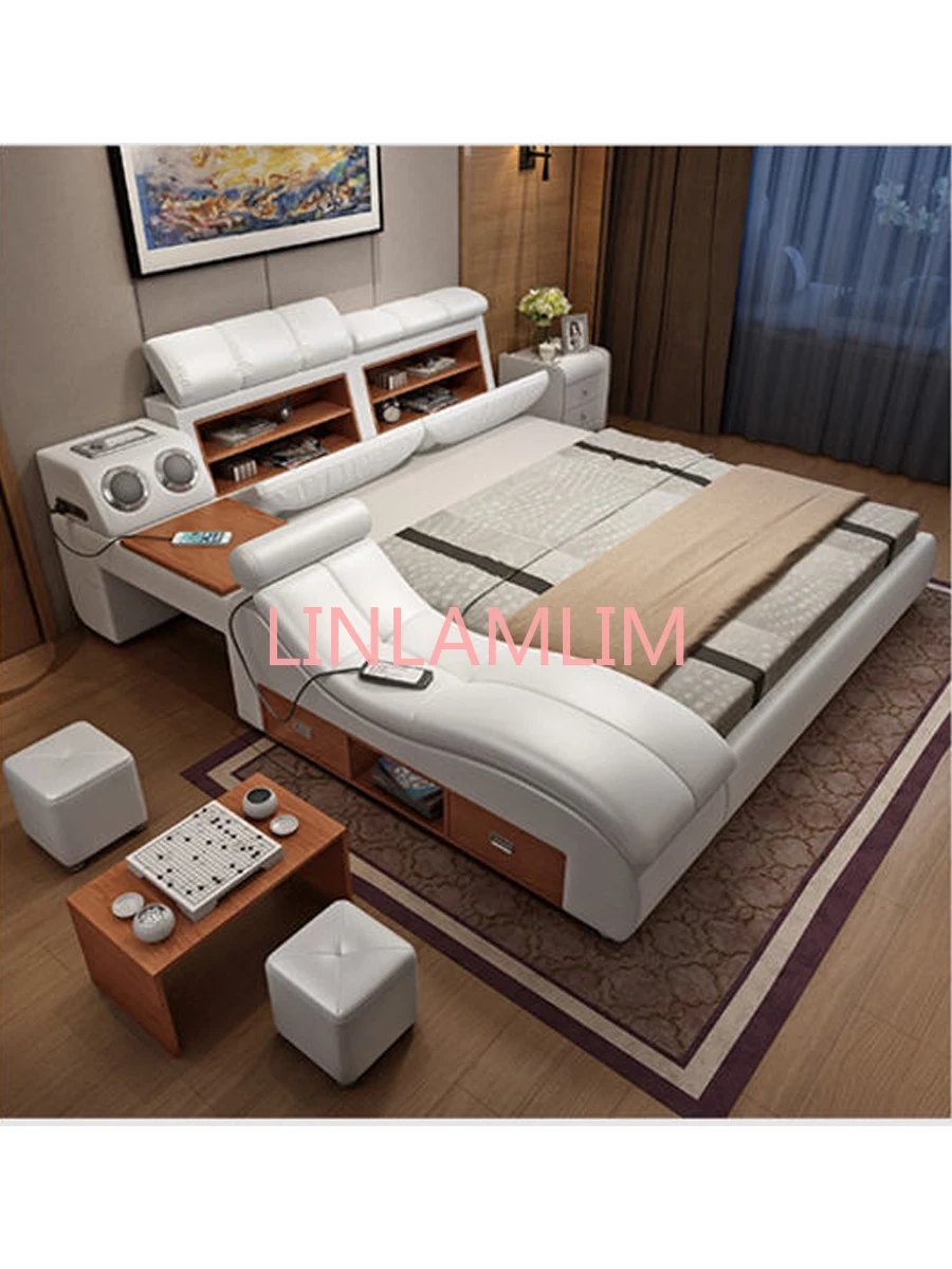 

Genuine leather bed frame Soft Beds massager storage safe speaker LED light Bedroom cama muebles de dormitorio / camas quarto