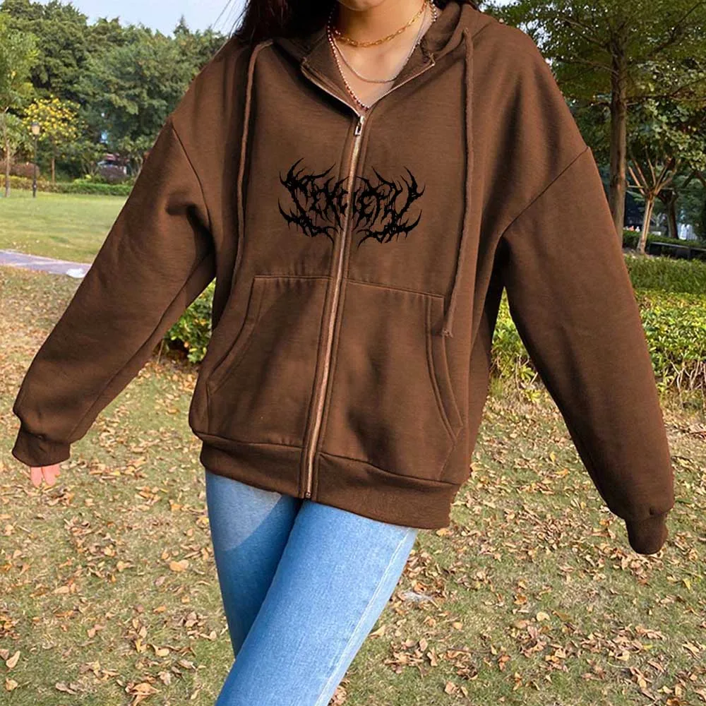 

Punk Style Zip Up Hoodie Streetwear Women Korean Fashion Clothing Cotton Oversize Hoodies for Girls Loose Pocket Long Sleeve