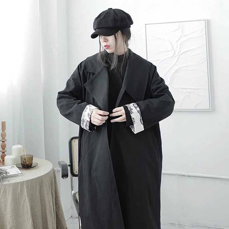 

Long Women Printed Big Size Trench New Lapel Long Sleeve Loose Fit Windbreaker Fashion Tide Spring Autumn 2021 1DD0324