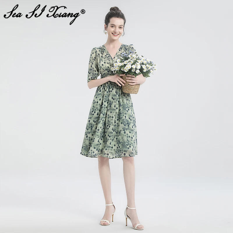 

Seasixiang Fashion Designer Summer Dress Women V-Neck Short Sleeve Geometric Prin High Waist Dresses