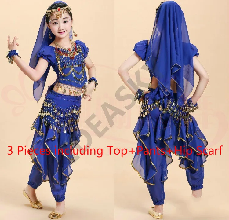 blue 3pcs Арабский танец живота с блестками, профессиональный костюм для танца живота, детские костюмы, Детский костюм, комплект для взрослых и детей, топ, штаны - Цвет: blue 3pcs