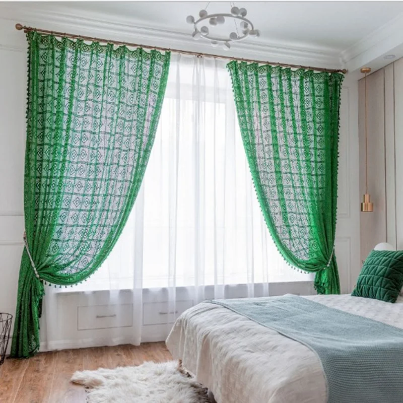 

Colorful cotton crochet decorative curtains. Green crochet craft blackout curtains. Pink Lace Hollow Lace Curtain