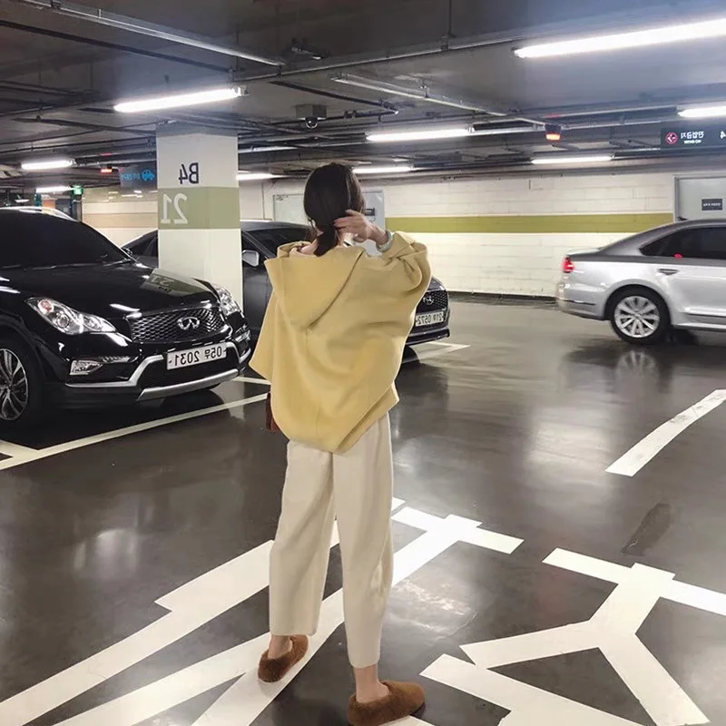 Nuevo traje de dos piezas de gran tamaño las mujeres trajes conjunto de pantalones de pierna ancha sudaderas con capucha Sudadera Mujer abrigo de lana de otoño jersey de Harajuku de lana