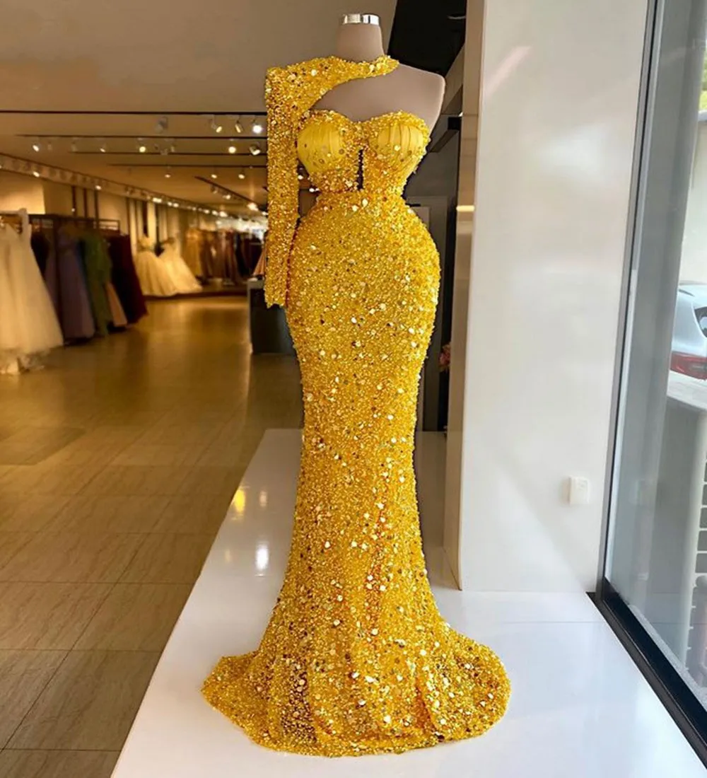 

Luxury One Shoulder Mermaid Evening Dress Long Sleeve Gold Beads Sequined Formal Prom Gown Dubai Arabic Vestidos De Fiesta