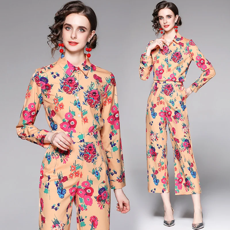 

European and American Fashion Ins Chic Elegant Print Shirt Designer Blouse Top and Wide Leg Pant Set Office Lady 2 Piece Outfit