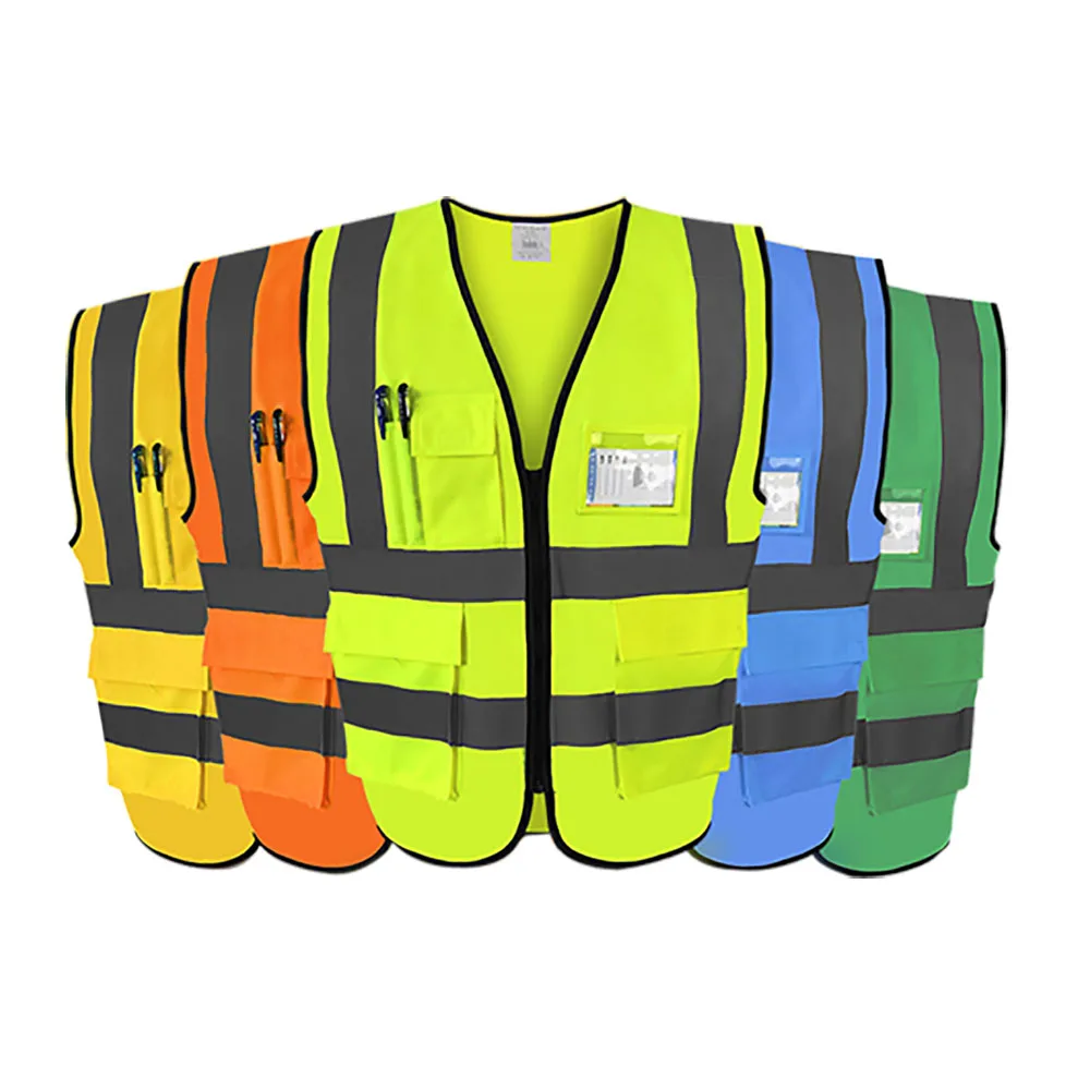 10x For Men Pockets and Zipper High Visibility Construction Oil Station Reflective Work Vest 100% Antistat Polyester Safety Vest