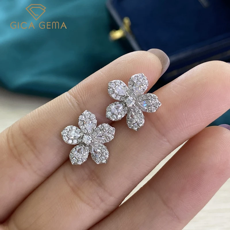 

GICA 100% 925 Sterling Silver Sparkling Full High Carbon Diamond Flower Stud Earrings For Women Girls Party Fine Jewelry Gifts