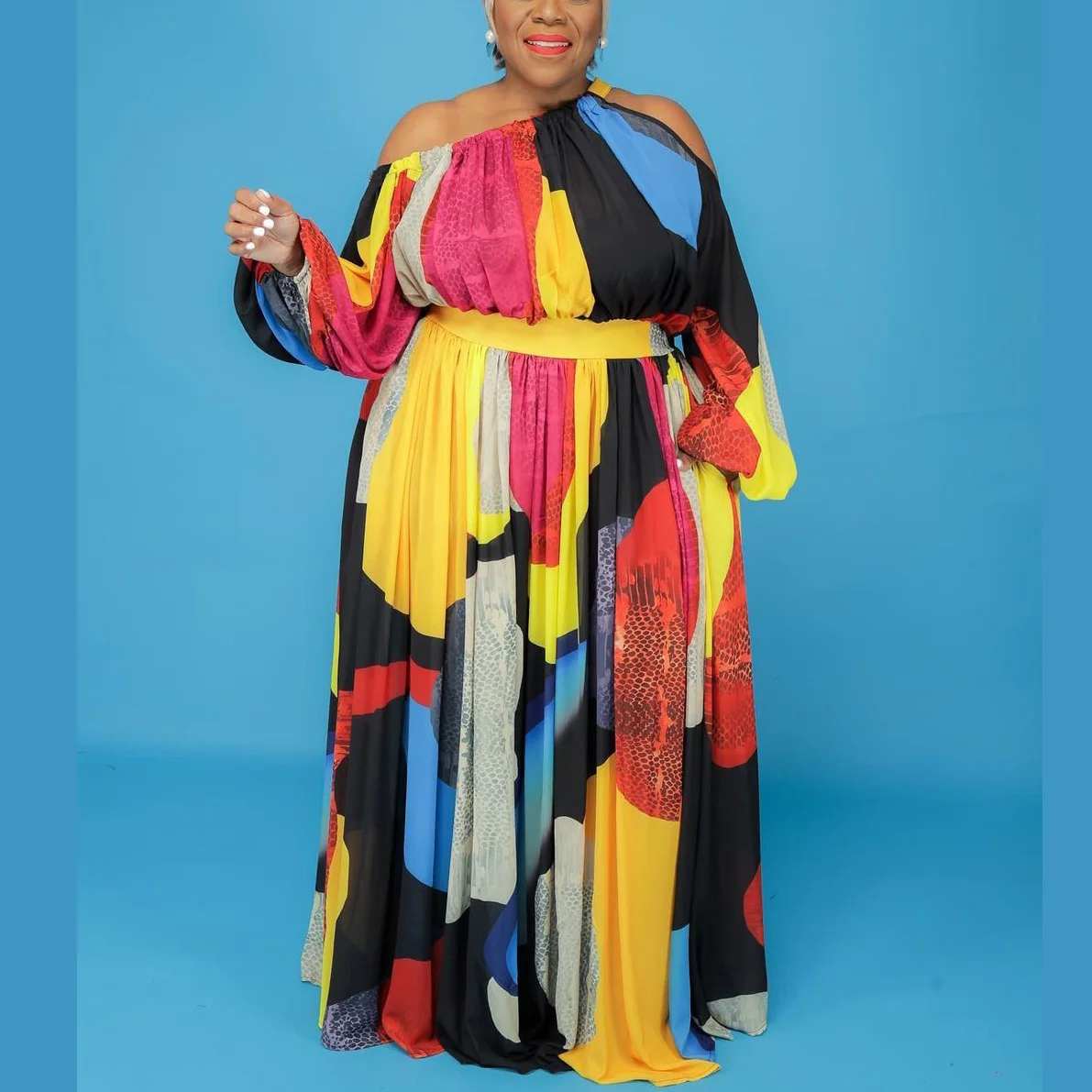 Женское вечернее платье в горошек с открытыми плечами и высокой талией - купить