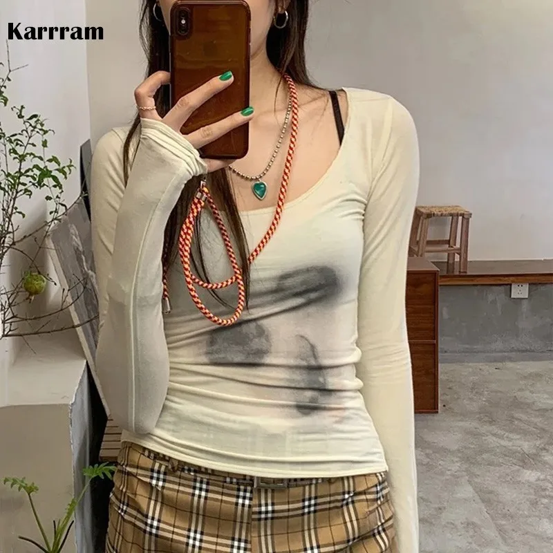 Karrram Korean Style Mesh Top Women Tie Dye Printed See Through T Shirt Sexy Slim Translucent Sheer Tops Grunge Tshirts Japanese