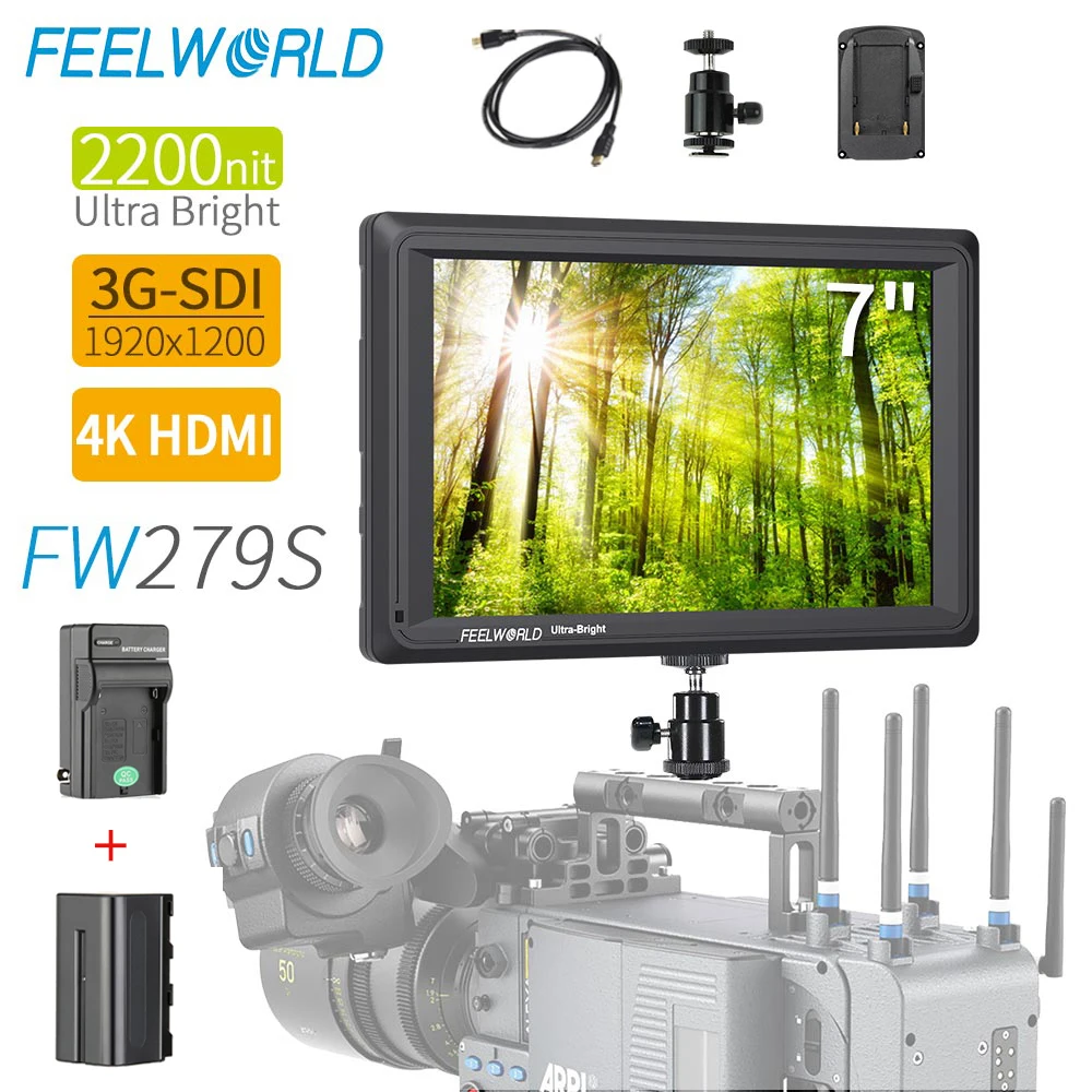 comprar Feelworld Fw279s 7 Polegada 2200nit Luz Do Dia Viewable 3g-sdi Hdmi Na Câmera Dslr Monitor De Campo 4k Hdmi 1920x1200 + Carregador De Bateria