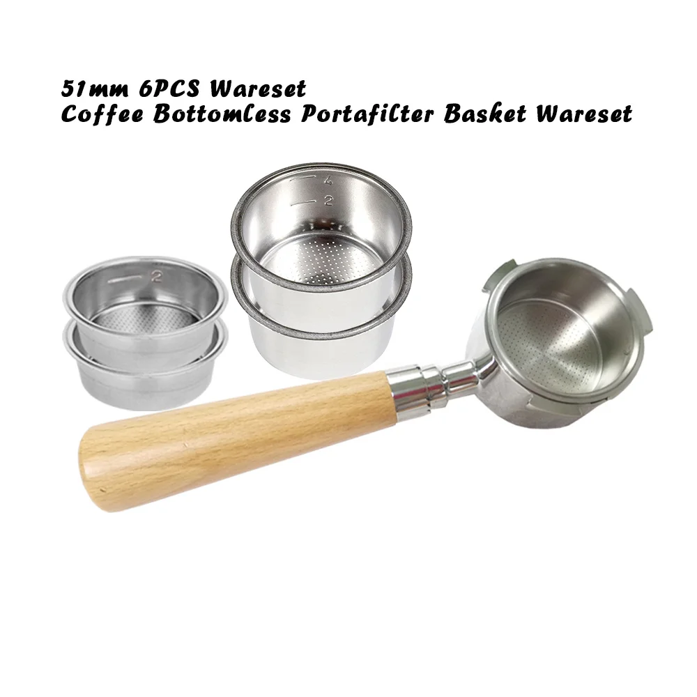 

51mm Coffee Bottomless Portafilter Basket Set 6PCS Espresso Coffeeware Set Breville Delonghi Krups Wooden Handle Filter Holder