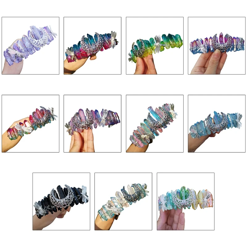 

Colorful Raw Crystal Headband Antique Moon Dragonfly Jewelry Wedding Hair Hoop M5TE
