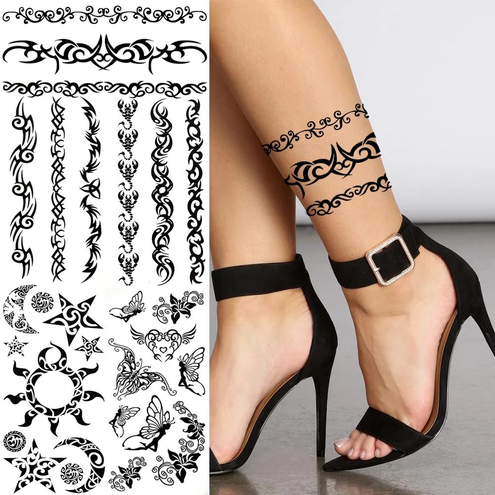 

Временные татуировки для женщин и детей, черные шипы, лоза, индийское племя, реалистичные, солнце, луна, эльф, имитация татуировки, наклейки, ...